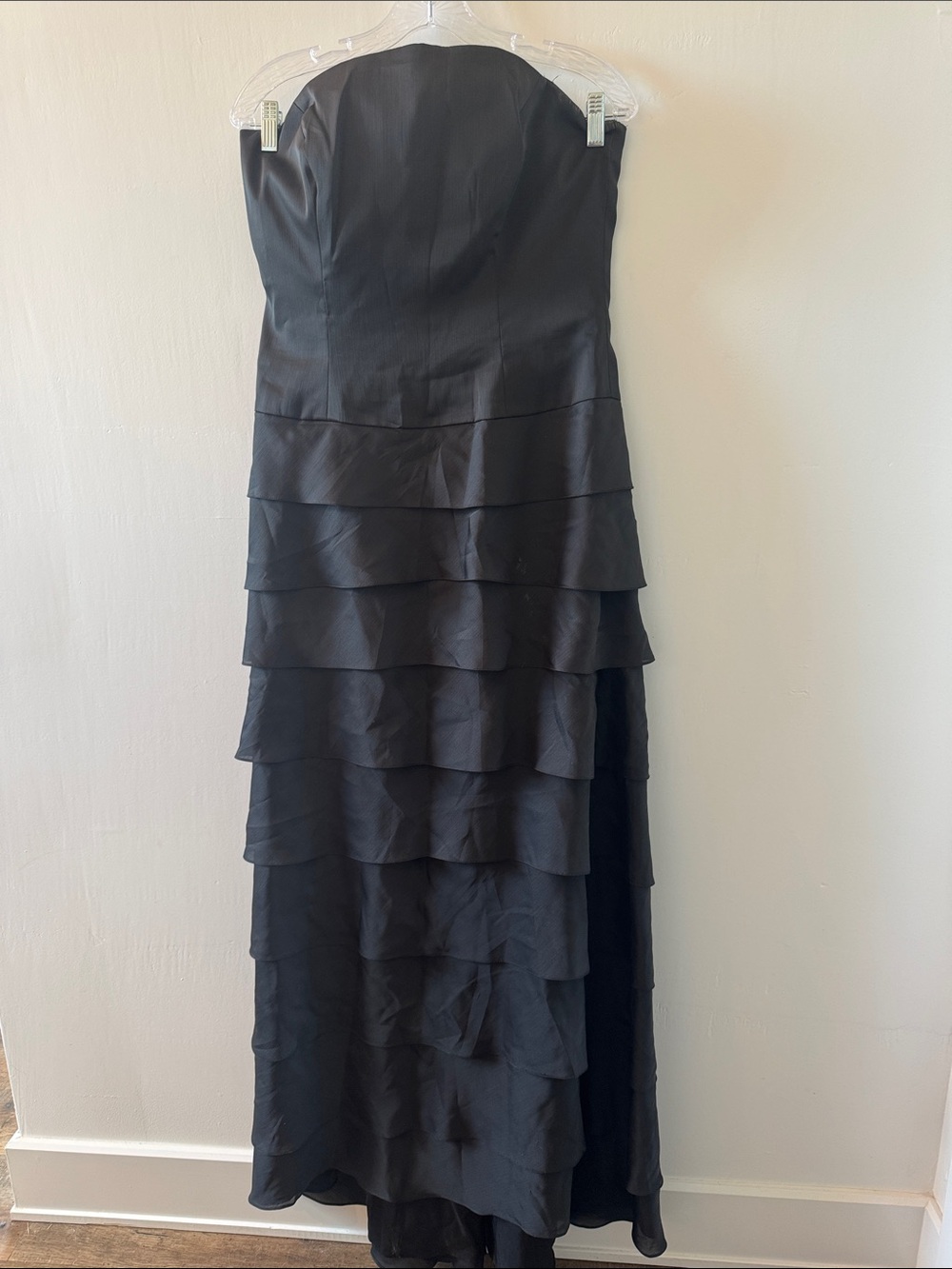 Lazaro Strapless Black Tiered Evening Dress, Size 14
